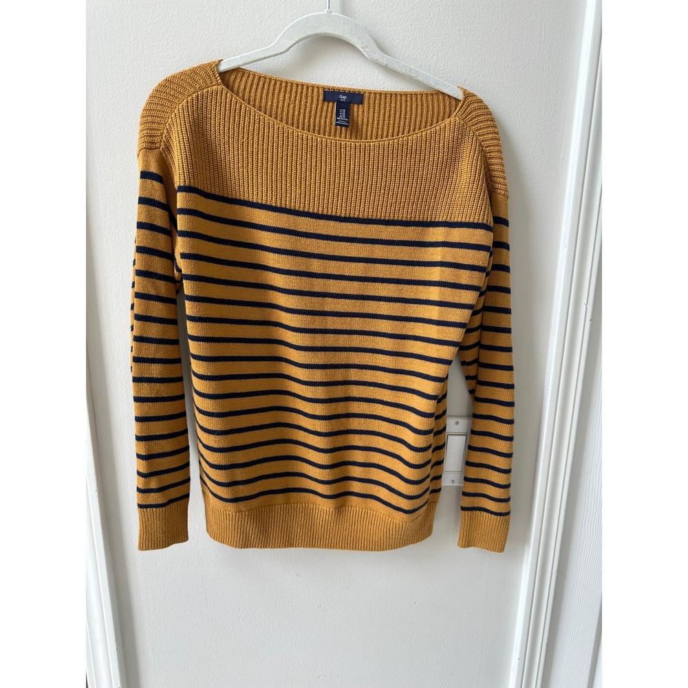 Gap Womens XS Boatneck Striped Sweater Miners Gold Navy Blue Long Sleeve Knit